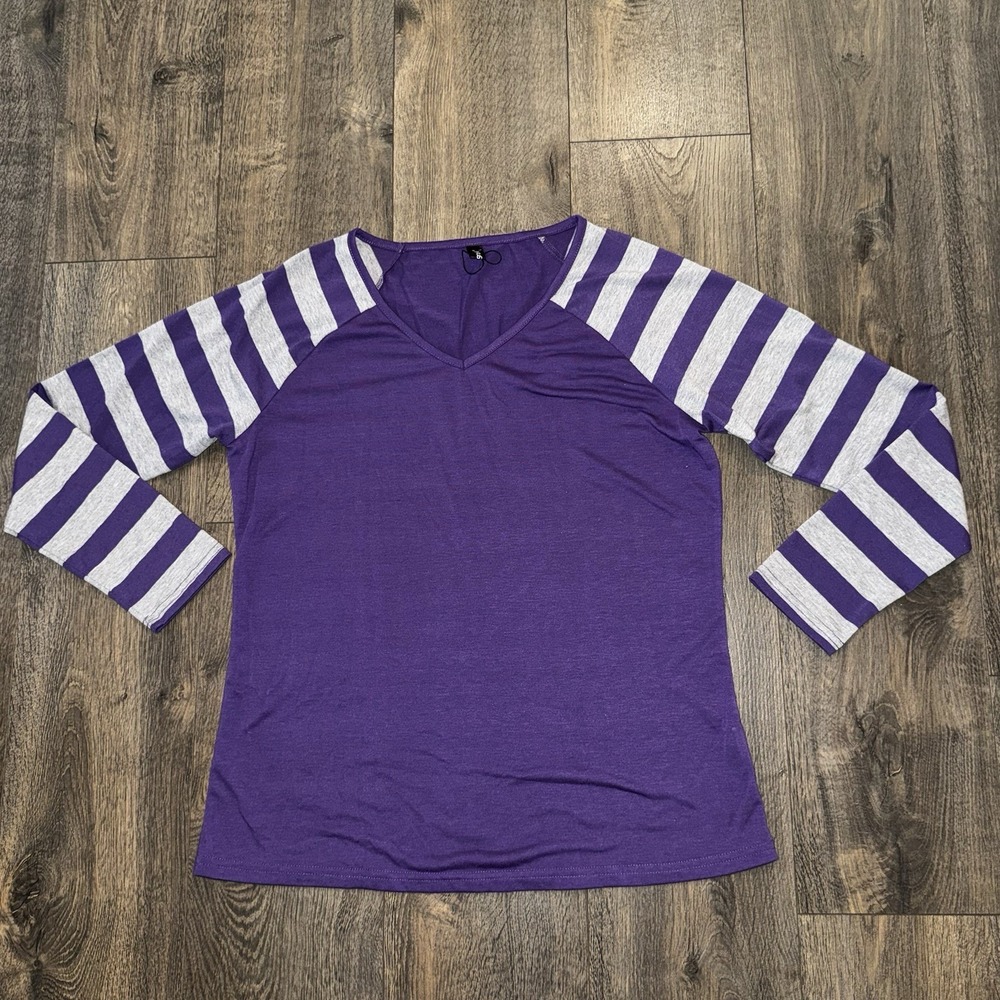 Allegrak Womens Size L‎ Top Striped Long Sleeve Pullover Purple Gray Y2K Shirt